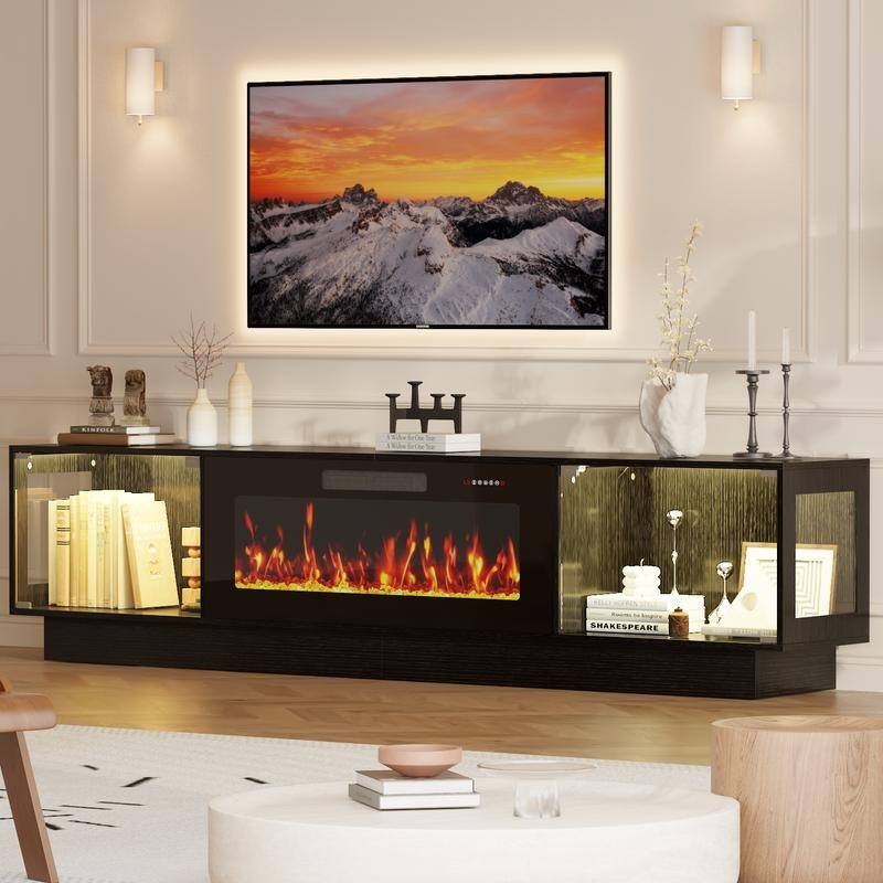 BOSSIN 80" Fireplace TV Stand with Adjustable LED Lights, Modern Entertainment Center with Glass Door Storage Cabinet, Black