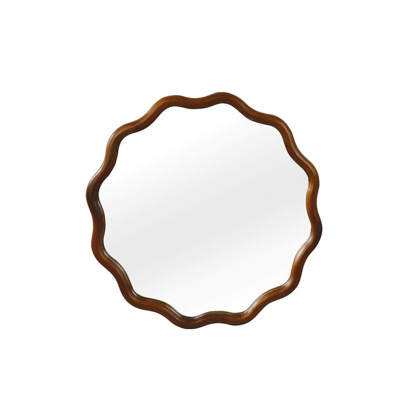 24 inch Wavy Round Solid Wood Frame Decorative Mirror,For Bedroom, Bathroom, Living Room, Entryway
