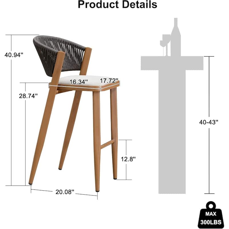 PURPLE LEAF Bar Stool Set of 2 Outdoor Rattan Bar Chair with Back Metal Bar Height Stool Wicker Barstool Dark Grey - N/A