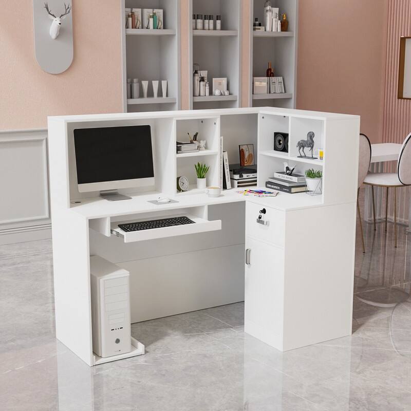 L-Shaped Modern Reception Desk Front Desk with Moveable Shelves and Lockable Drawers