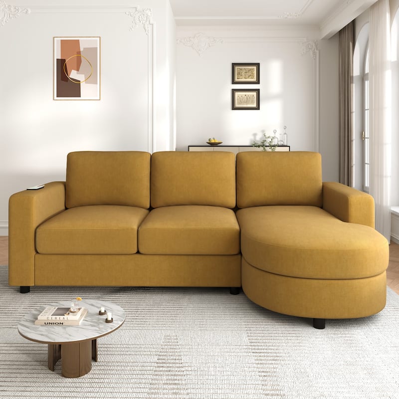Modern L-Shaped Sofa with Curved Chaise, USB Charging Ports & Storage Pockets for Small Space - Yellow