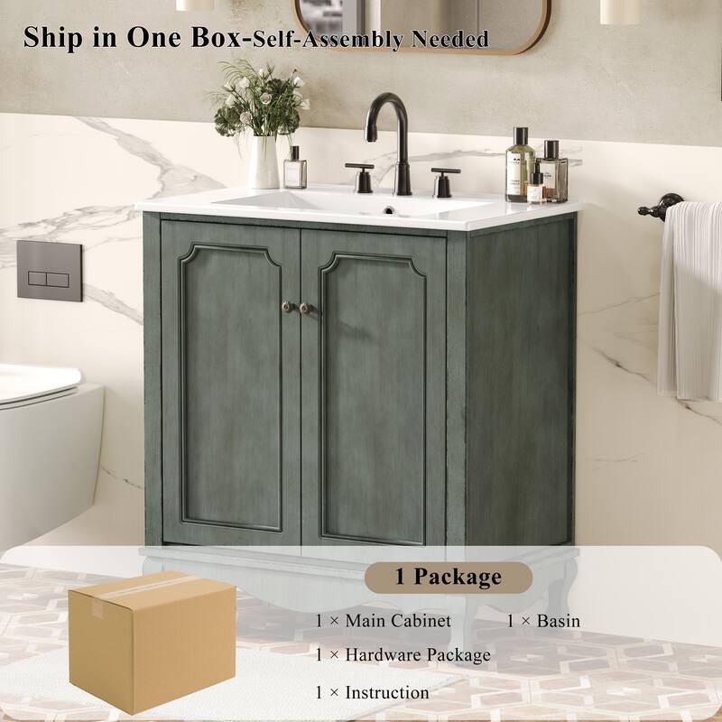 30" Bathroom Vanity with Rectangle Ceramic Sink, Antique Handles and 2 Doors, Solid Wood Legs and Adjustable shelves