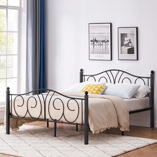 FULL Size Bed Frame Wood Post Metal Scroll Work Design Elegant Curvy Headboard 