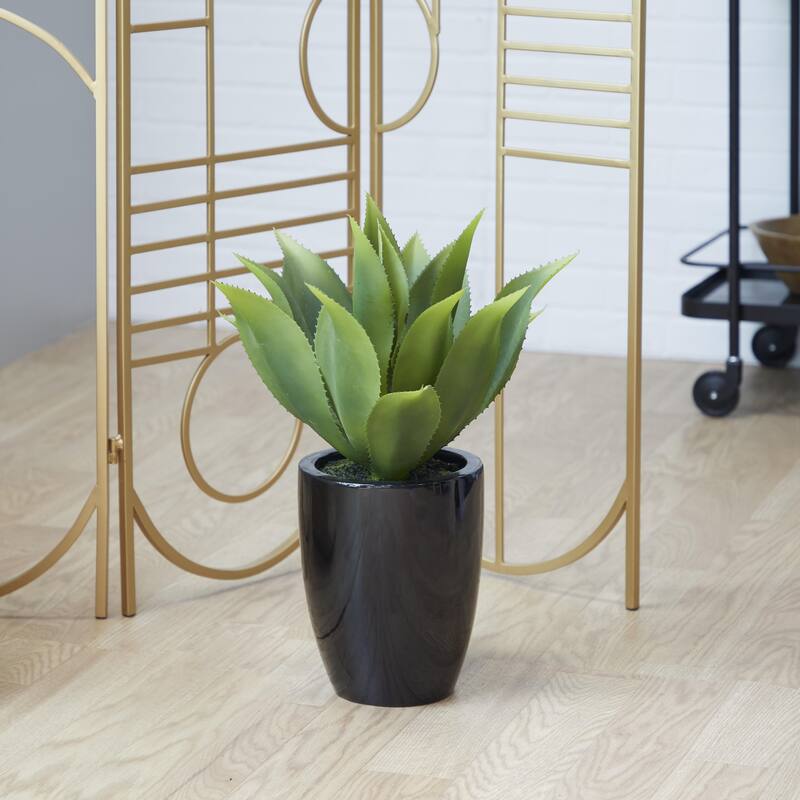 Green Faux Foliage Agave Artificial Plant with Realistic Leaves and Black Fiberglass Pot - Green