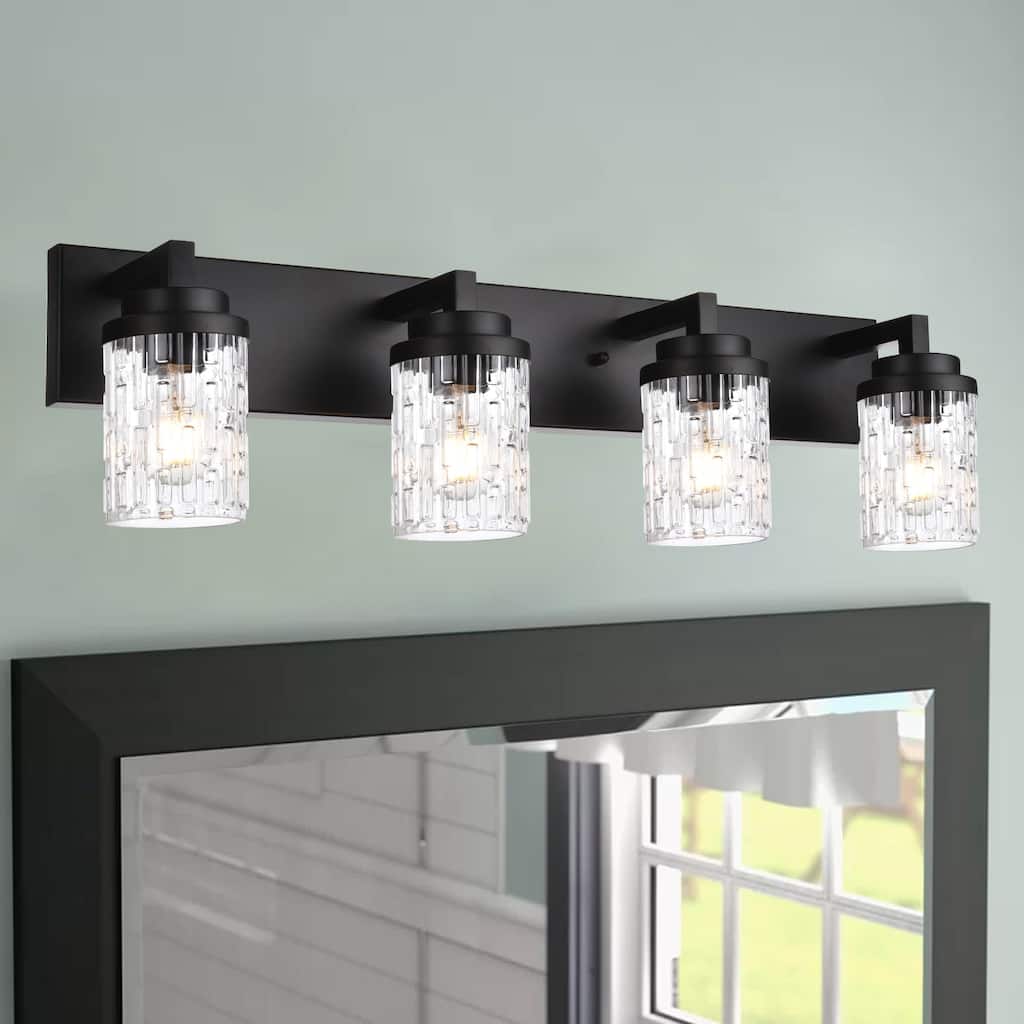 6-Light Modern Black Bathroom Vanity Light with Clear Grid Glass