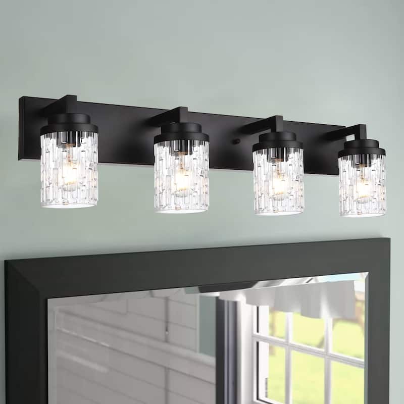 6-Light Modern Black Bathroom Vanity Light with Clear Grid Glass - Black