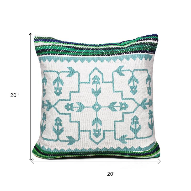 HomeRoots 20" X 20" Green White And Blue 100% Cotton Geometric Zippered Pillow