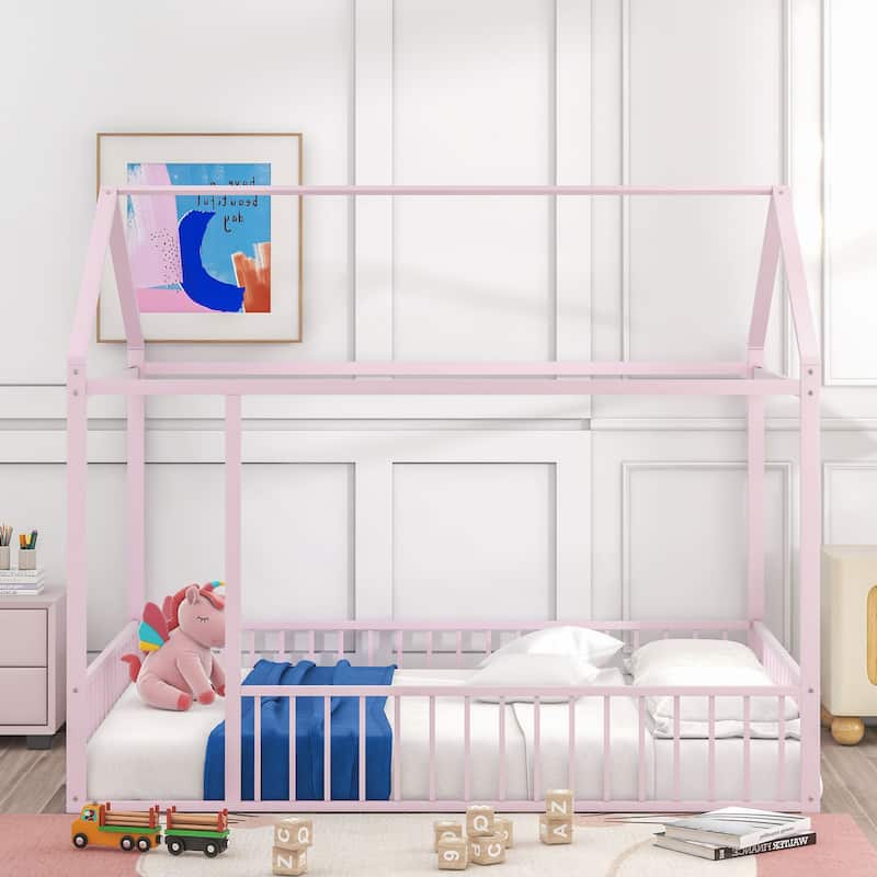 Kids Playhouse Bed, Metal House Bed Frame with Roof & Fence, Floor Bed for Kids Gilrs Boys - Pink - Full