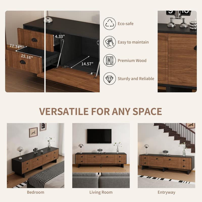 71" Modern Two-Tone Black & Brown TV Stand Media Console for Living Room