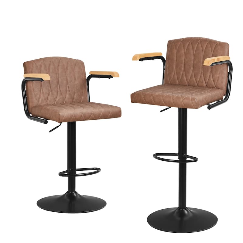 VECELO Bar Stool Set 2/4 Pack Brown PU Leather 360° Swivel Counter Stool with Adjustable Height Black Frame for Home Bar - Set of 2