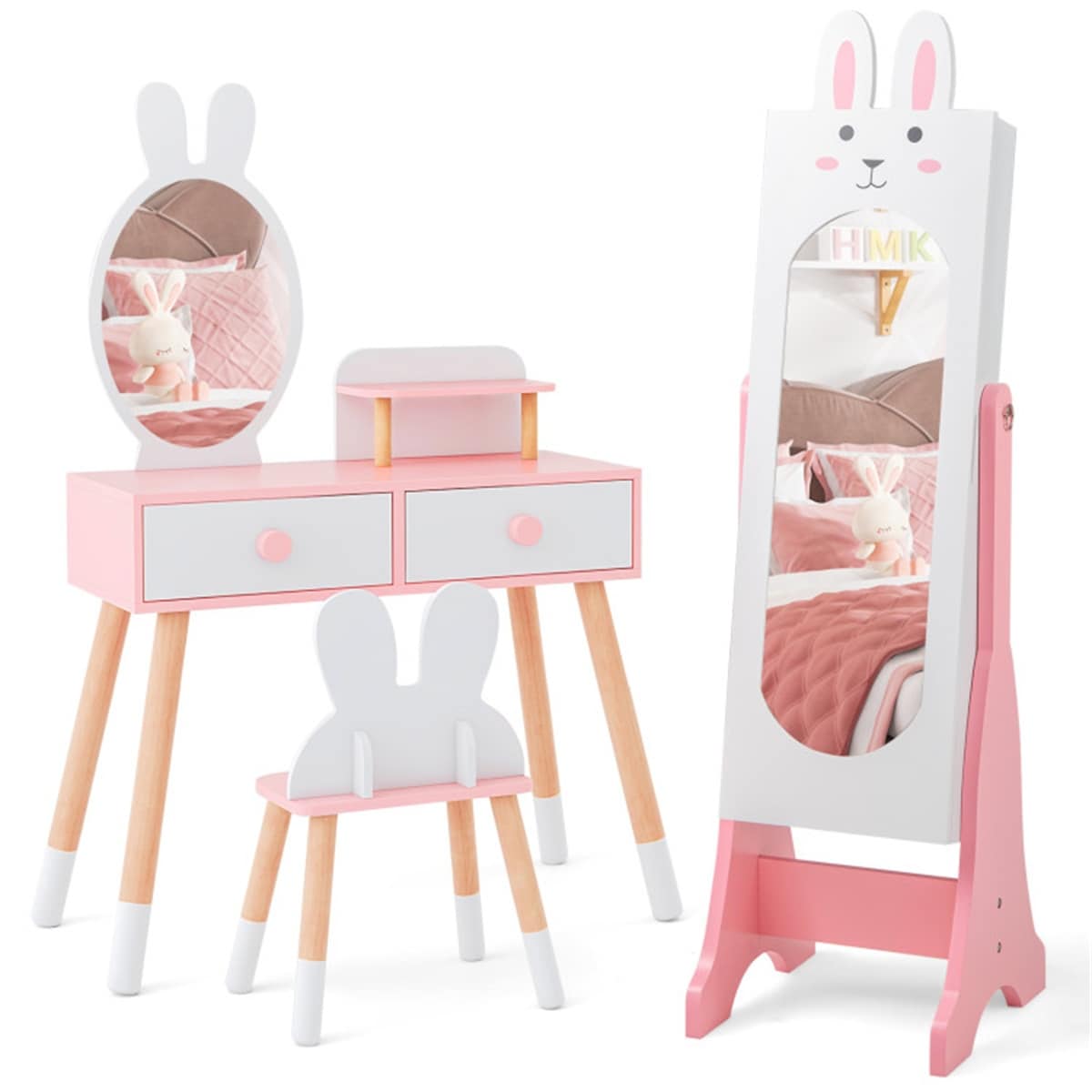 MDF Glass Kids Vanity Table Chair Jewelry Cabinet Set - 13.5