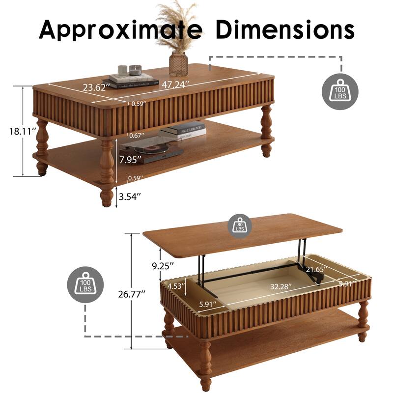 47.24" Lift Top Coffee Table with Storage, Solid Wood Black Finish & Fluted Roman Columns, Modern Lift-Top Desk