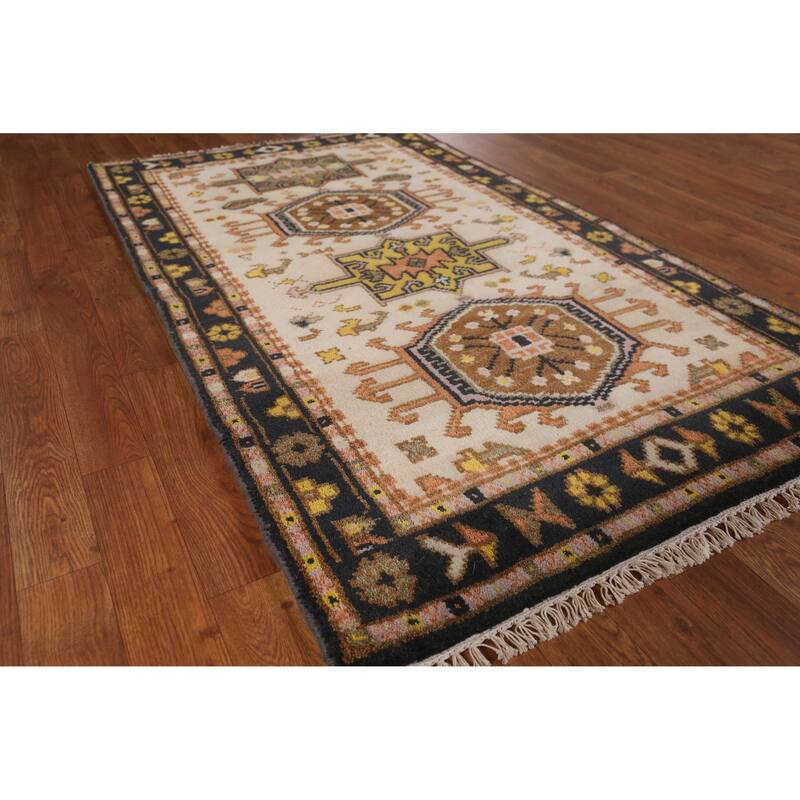 Traditional Beige Heriz Serapi Indian Rug Hand-Knotted Wool Carpet - 3'0" x 5'3" - 3'0" x 5'3" - Ivory/Beige