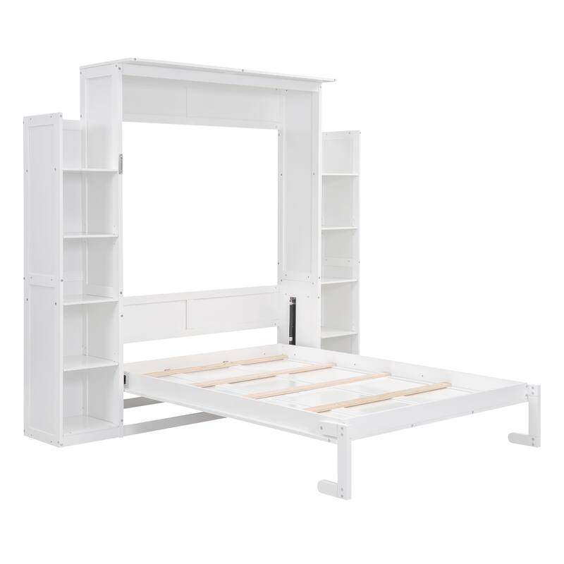 Space-Saving Wall Bed with Shelves, LED Lights, and Mattress Holder, White