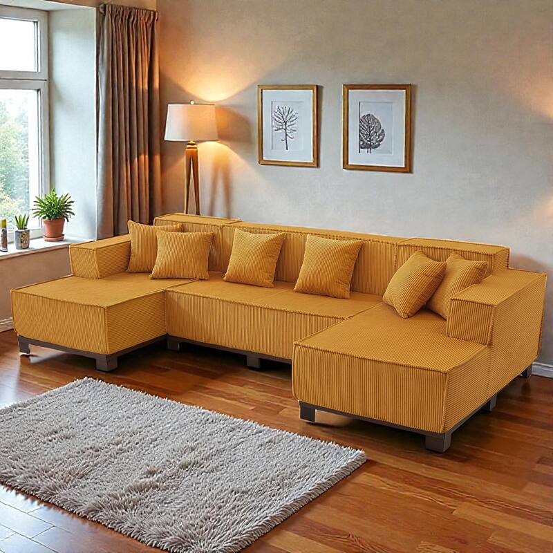 Modern 130" U-Shaped Sectional Sofa with RGB LED Lights, Corduroy Upholstery, 6 Pillows, Deep Seating Couch - Orange