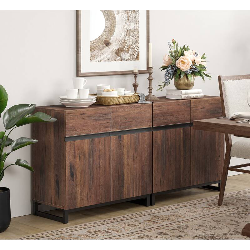 WAMPAT Storage Cabinet, Modern Sideboard with Adjustable Shelf and Metal Base - 2 PCS - Brown
