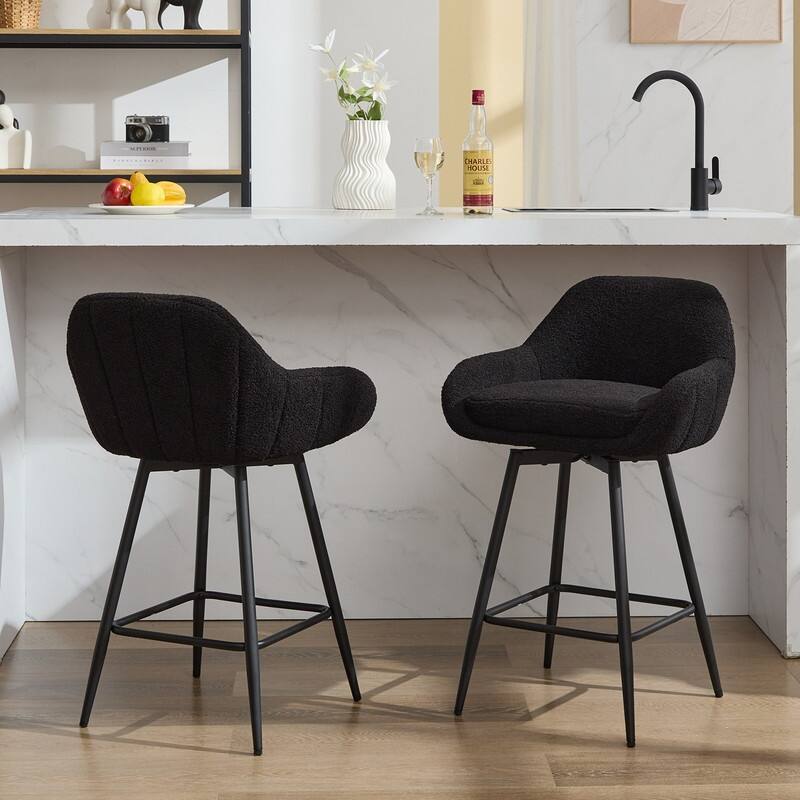 26" Counter Height Swivel Bar Stools, Upholstered Sherpa Barstools with Back for Kitchen Island - Black