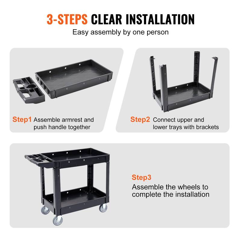 Black Plastic 2 Storage Shelf Rolling Utility Service Cart Swivel Lockable Wheels and Ergonomic Push Handle
