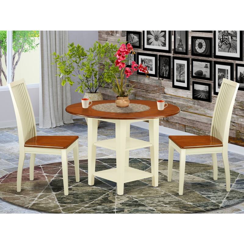 HomeStock 3-Piece Buttermilk and Cherry Finish Round Solid Wood Top Dining Table Set