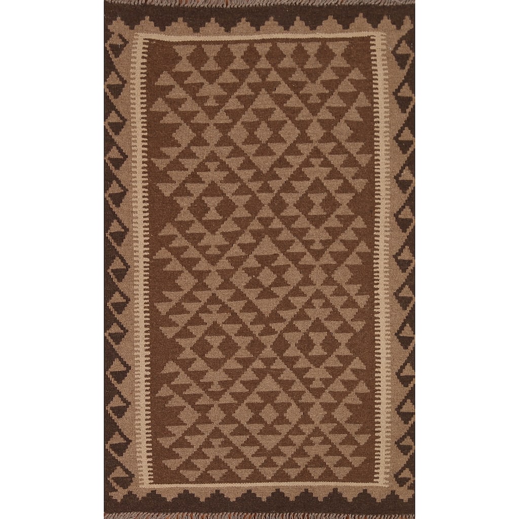 Geometric Kilim Oriental Area Rug Flat-weave Wool Carpet - 3'2" x 4'10"