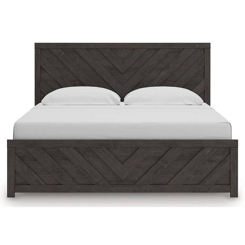 Peny King Size Bed, Chevron Pattern, Panel Headboard, Charcoal Black