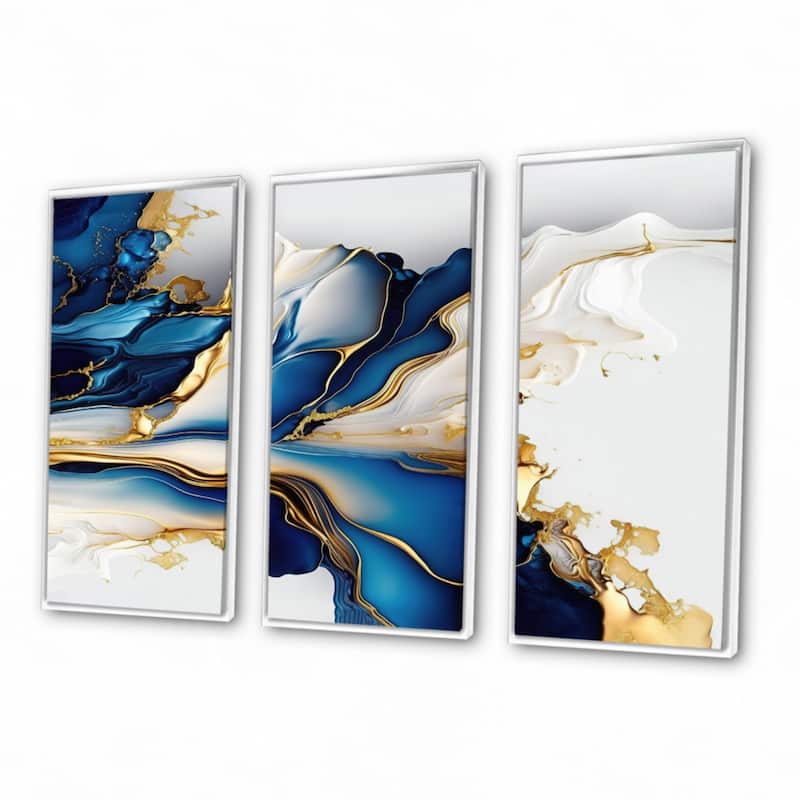 Designart "Abstract Geode Gold And Blue Marble Shape III" Modern Geometric Framed Canvas Art Print - 3 Panels
