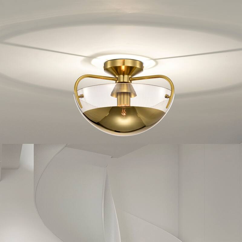 Vexa Brass Semi-Flush Mount Ceiling Lamp with Glass Bowl Shade Metal Bottom Cap - Brass-Gold