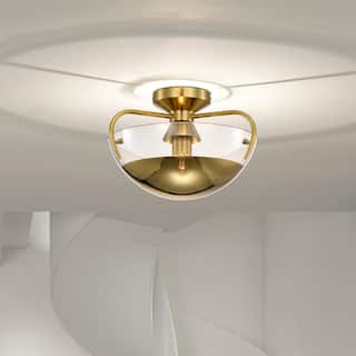 Vexa Brass Semi-Flush Mount Ceiling Lamp with Glass Bowl Shade Metal Bottom Cap - Brass-Gold