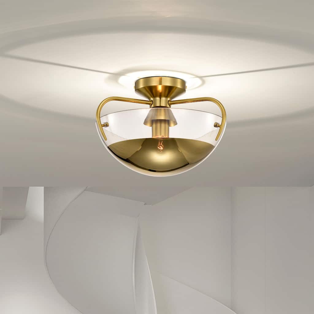 Vexa Brass Semi-Flush Mount Ceiling Lamp with Glass Bowl Shade Metal Bottom Cap - Brass-Gold