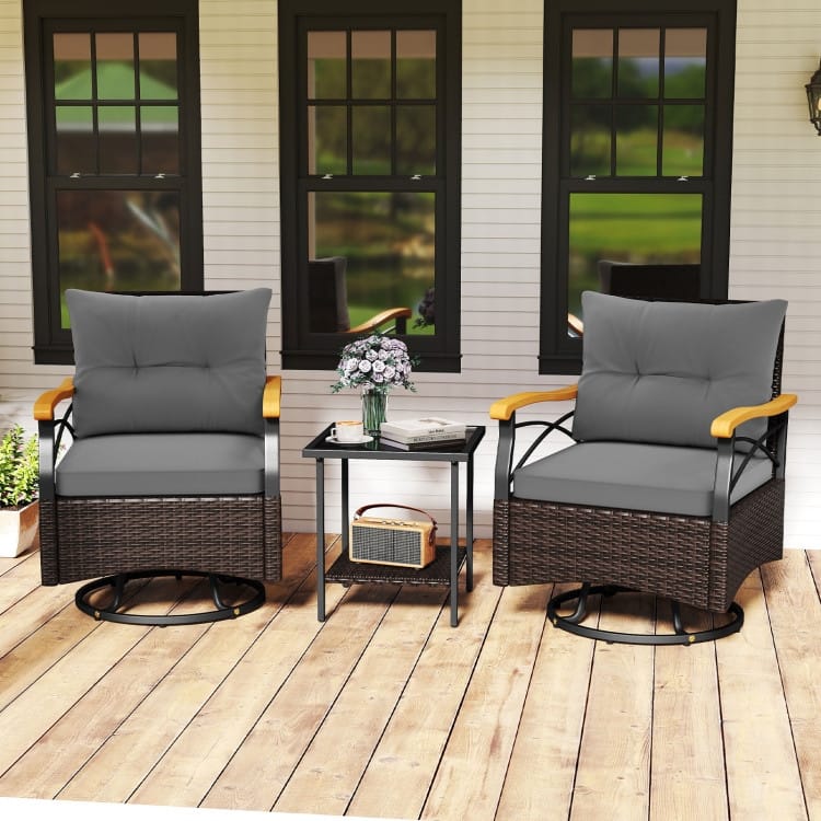 3 Piece Mix Brown Rattan Swivel Chairs Set with Cushions and Table - Chair: 27" x 25" x 33.5"