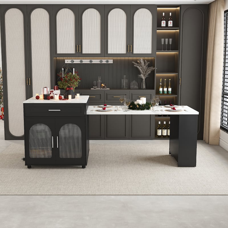 80" Expandable Kitchen Island with Dining Table with Marble-Grain Countertop with Power Outlet