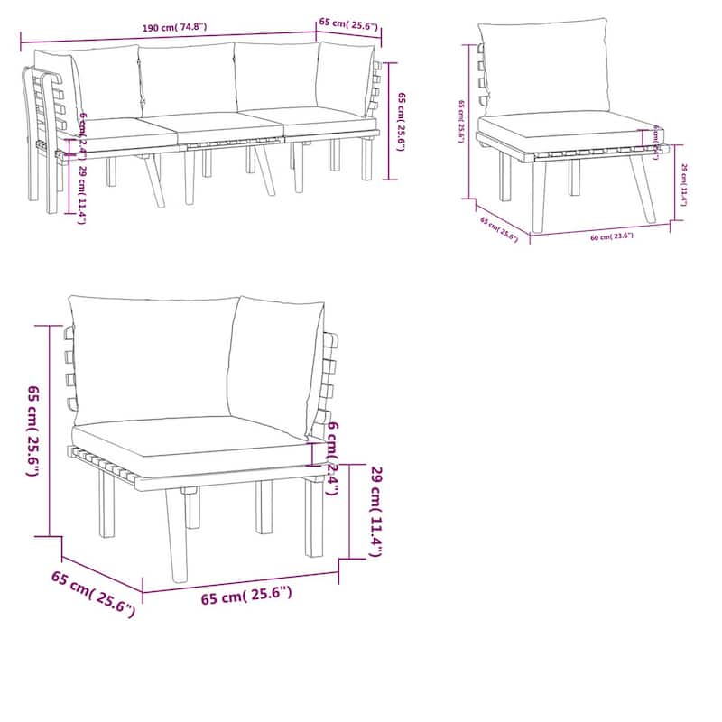 Roma 3pc Modular Outdoor Sofa Set, Solid Acacia Wood, Gray and White