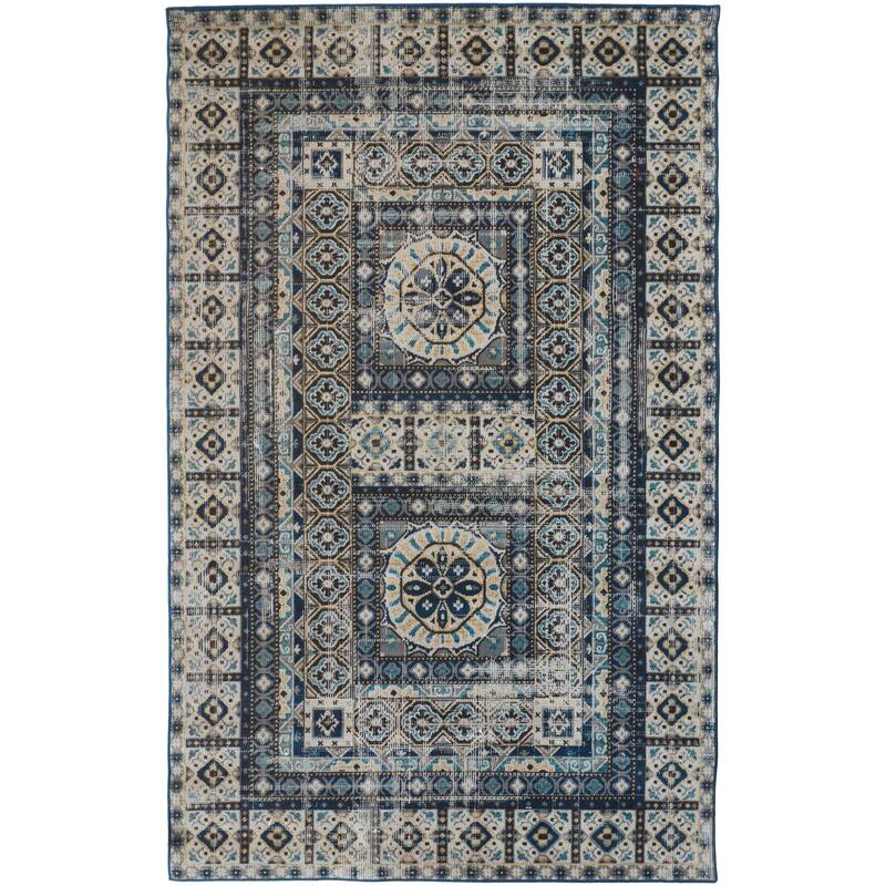 Kezia Vintage Style Tribal Kazak Rug, Blue/Vanilla Beige