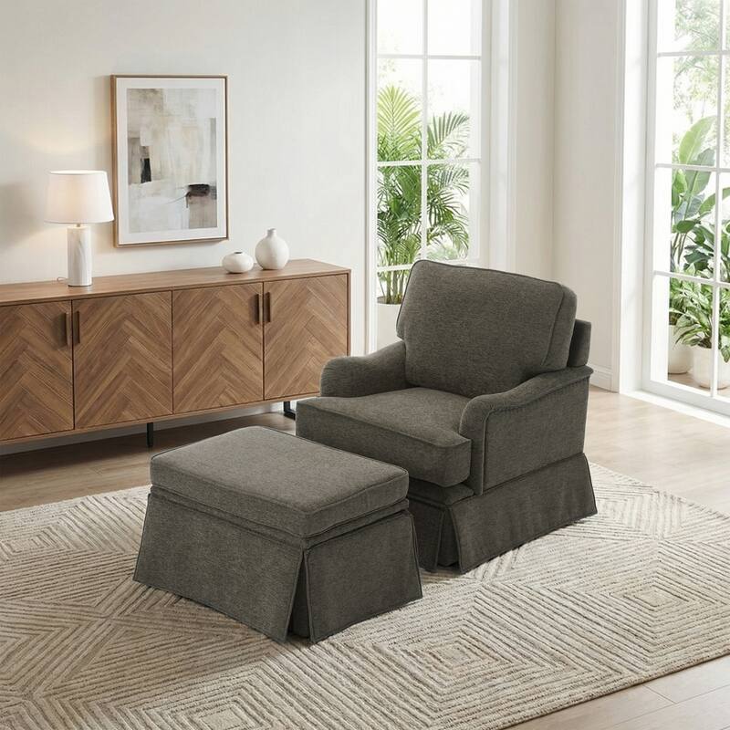 Chenille Swivel Accent Chair Storage Ottoman Set with Nailhead Trim Skirt