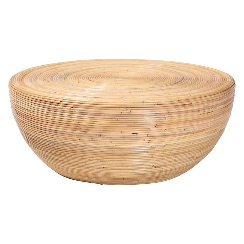 Tokyo Laminated Natural Rattan Coffee Table - Handcrafted Drum Table for Living Room, Coastal Boho Style Furniture - Natural Brown