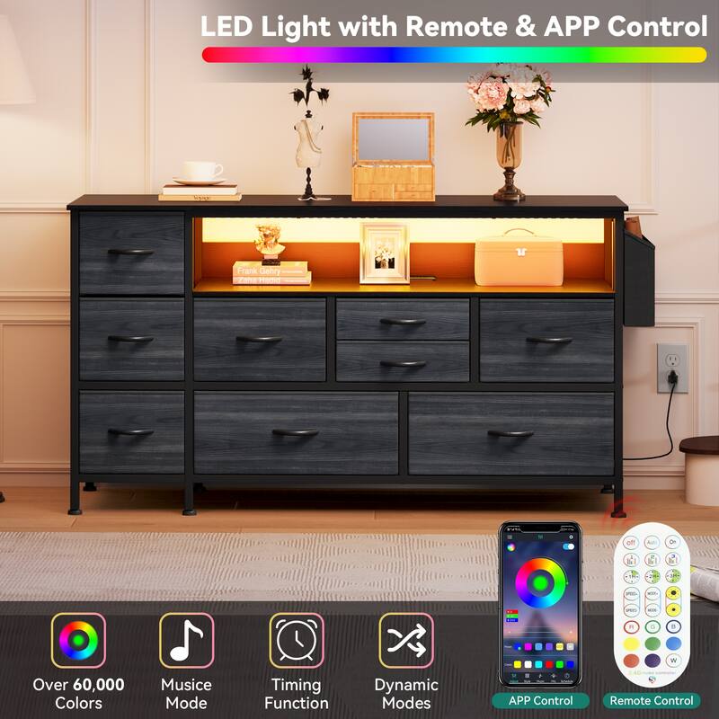 Moasis 50"W 9-drawer Fabric Dresser, Media Console, TV Stand with Outlets, RGB Lights