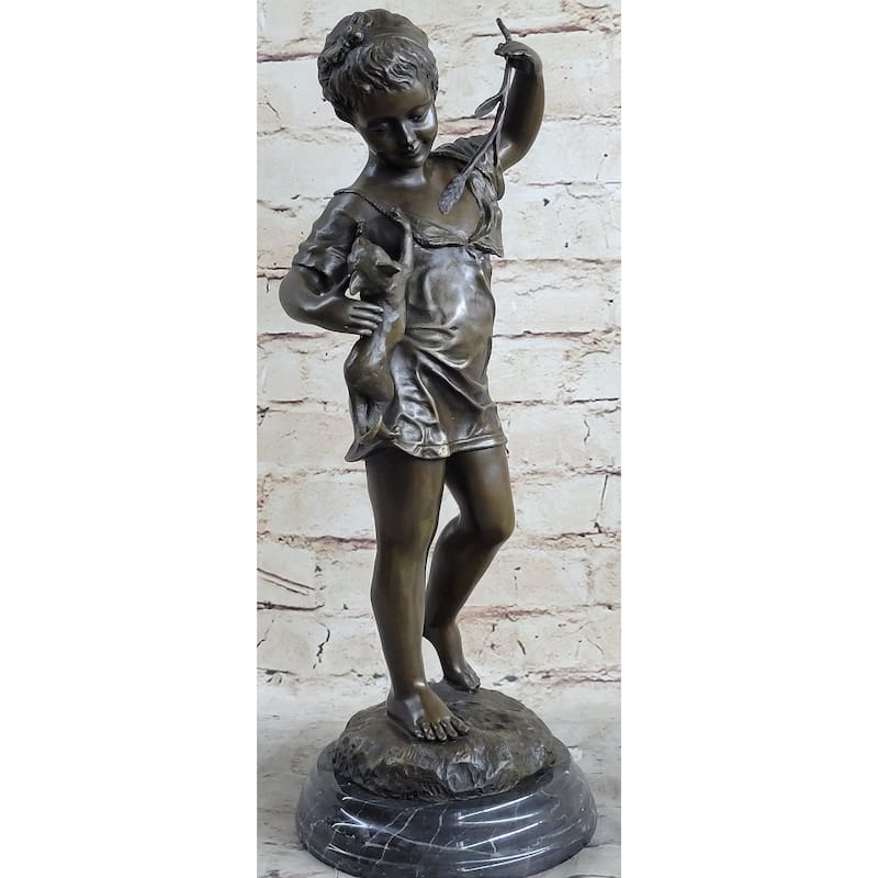 Young Girl Child Holding Kitten Imitative Cat - Bronze Sculpture Vintage Reproduction Art