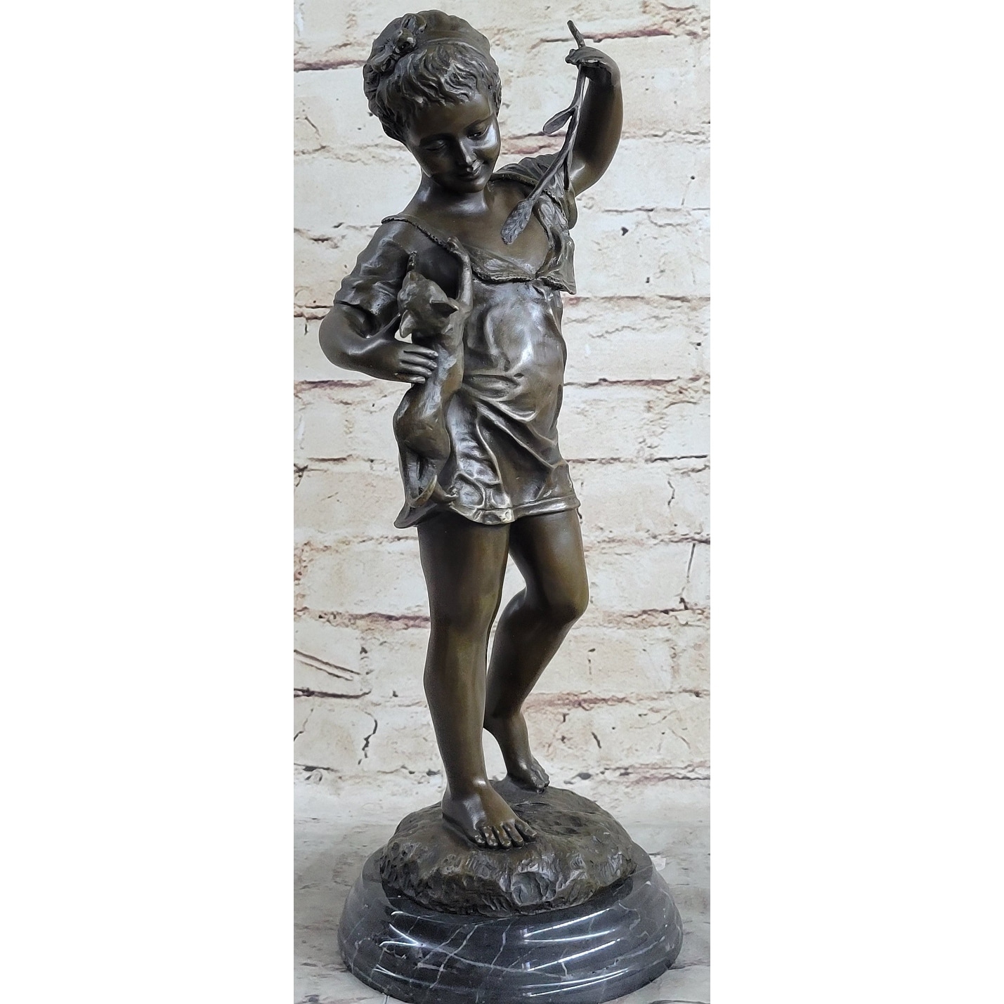 Young Girl Child Holding Kitten Imitative Cat - Bronze Sculpture Vintage Reproduction Art