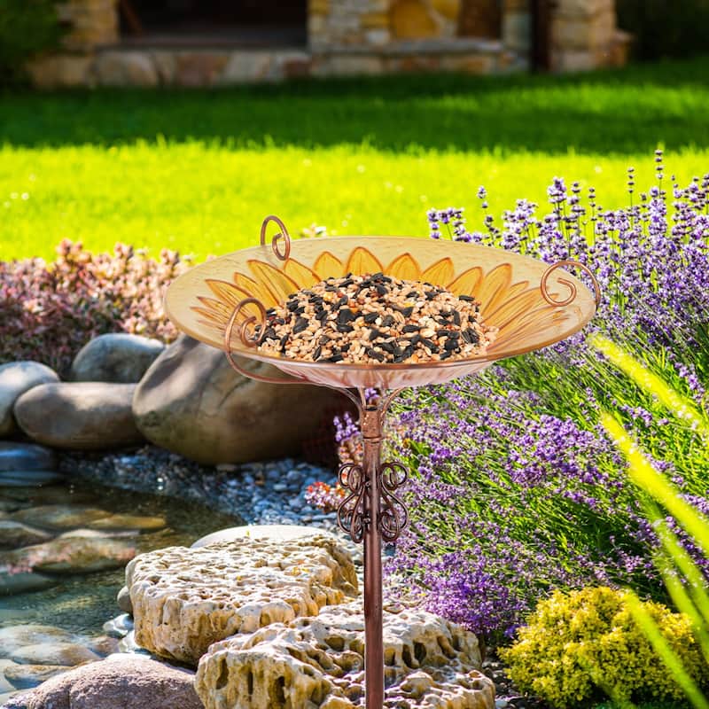 Tall Glass Birdbath Birdfeeder with Metal Stake Garden Yard Outdoor
