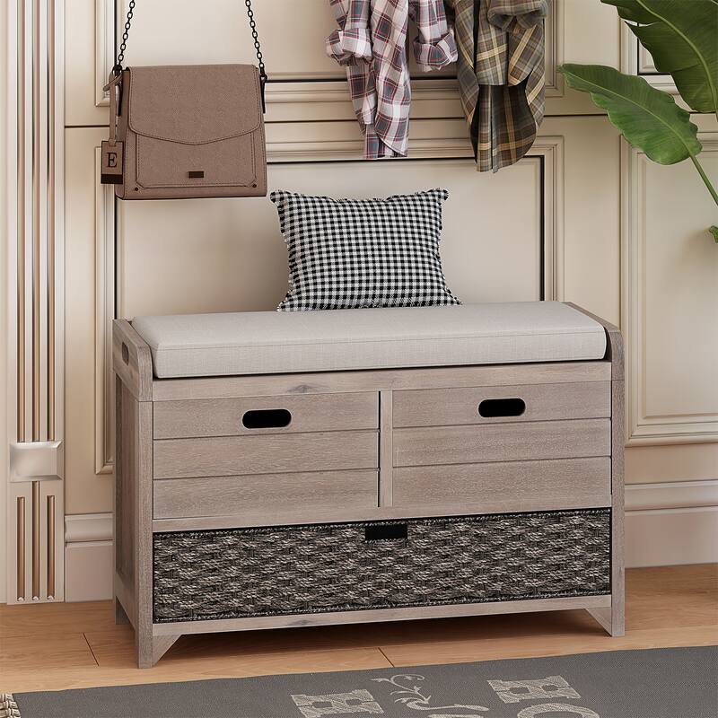 Modern Storage Bench with Removable Basket and 2 Drawers - White Washed