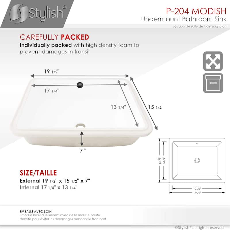 STYLISH 19 inch Rectangular Undermount Porcelain Bathroom Sink with 2 Overflow Finishes