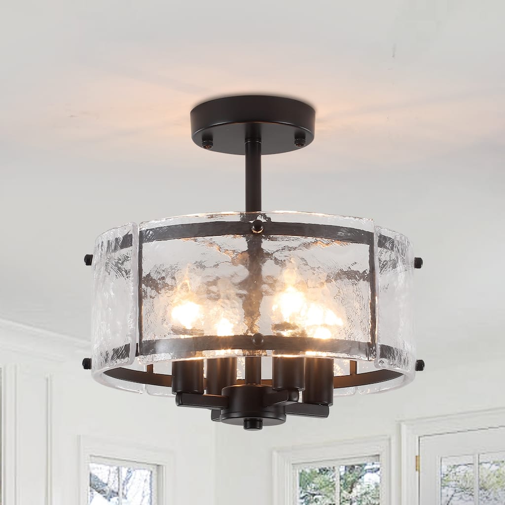 Industrial 4-Light Metal Drum Semi Flush Mount Ceiling Light with Ripple Glass Shade