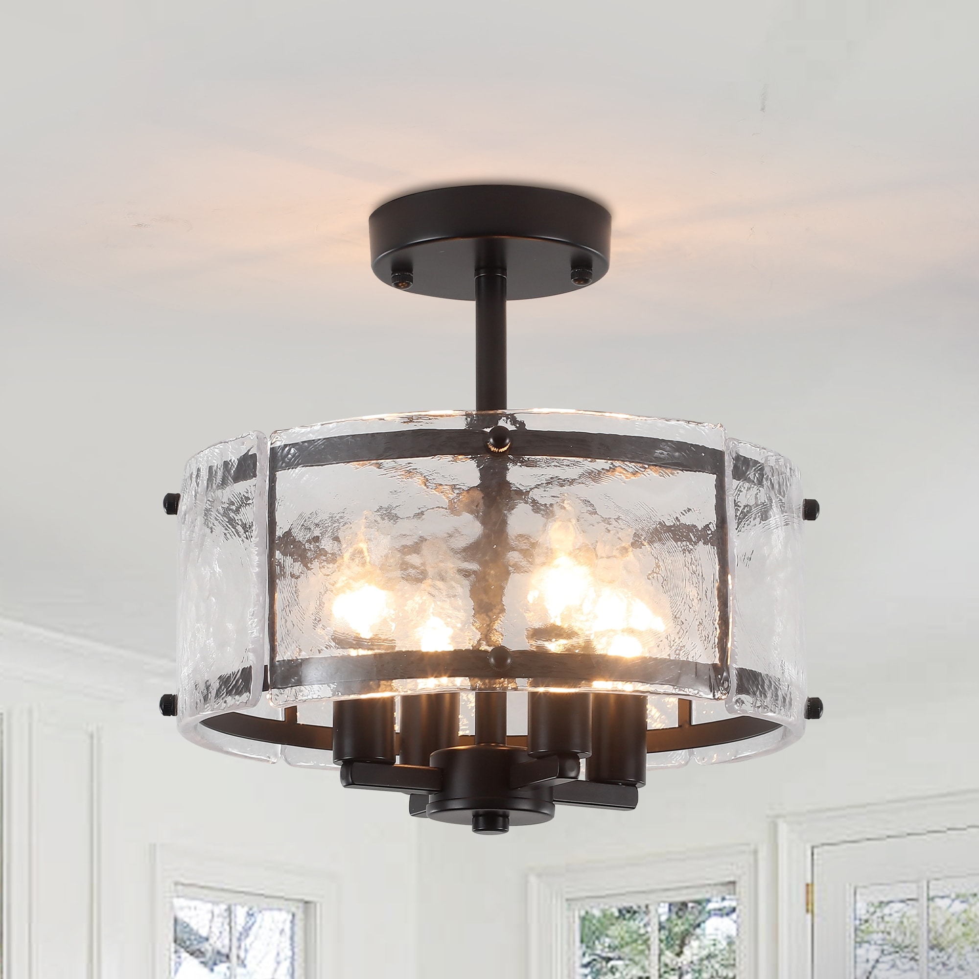 Industrial 4-Light Metal Drum Semi Flush Mount Ceiling Light with Ripple Glass Shade