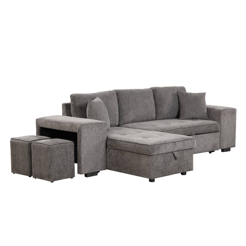 104.5" Linen L-Shaped Sectional Sofa with Pull-Out Bed and Storage Chaise, Includes 2 Stools