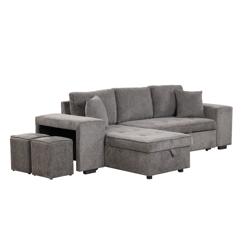 Roomfitters 3-Seater Modern L-Shape Reversible Sectional Couch, Pull-Out Sleeper Sofa with Storage Chaise and Two Stools