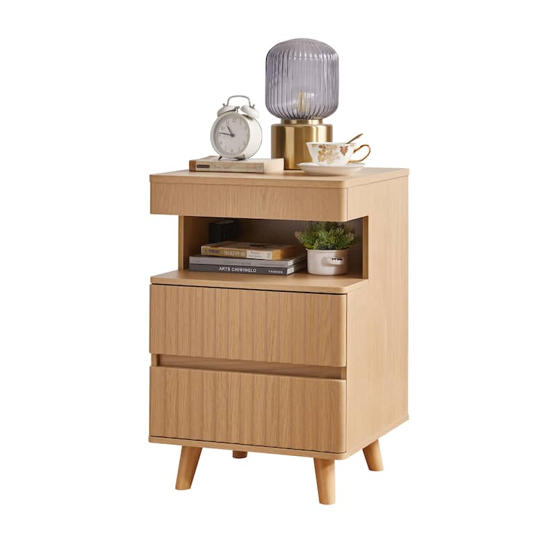 Modern Bedside Table with Gun Drawer,Bedside Table with Charging Station, 2 Drawers and Open Shelf,Side Table for Bedroom