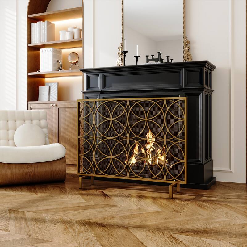 Gold Metal Fireplace Screen, Decorative Single Panel Fire Screen with Geometric Design, Mesh Spark Guard