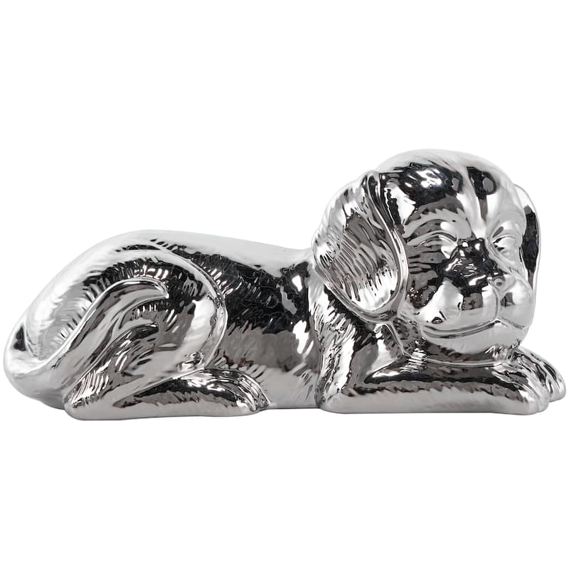 Silver or Gold Ceramic Laying Dog Sculpture with Matte Finish