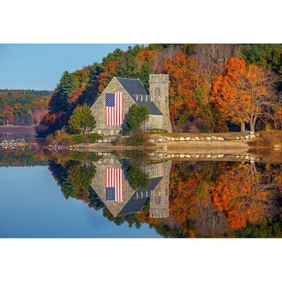 Patriotic Stone Church in The Fall by Wayne Collamore Art Poster - Print On Demand