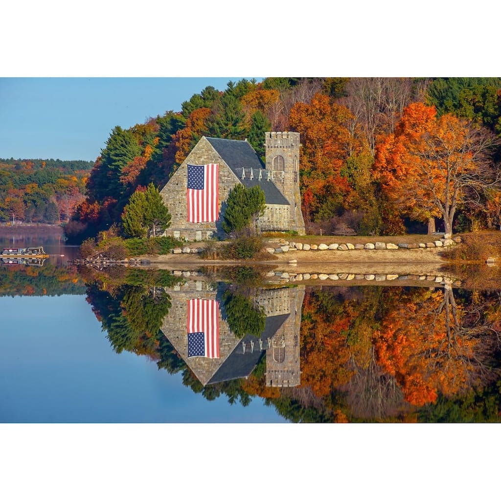 Patriotic Stone Church in The Fall by Wayne Collamore Art Poster - Print On Demand